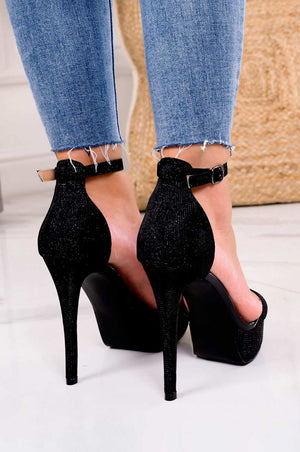Black laminated high-heeled sandals with ankle strap