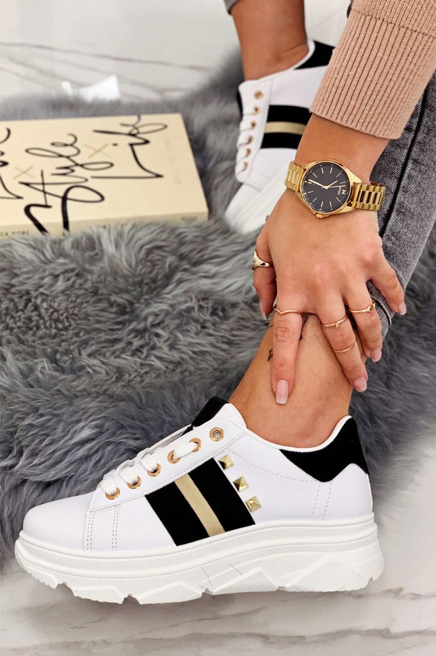White sneakers with studs and gold inserts