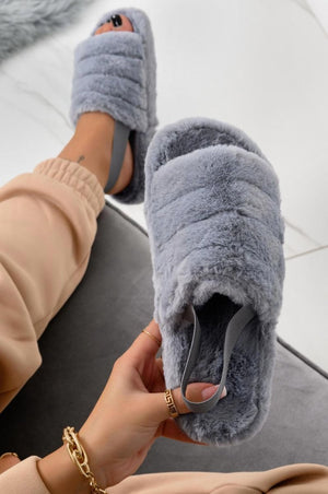 Light grey faux fur slide sandals with elastic Daina