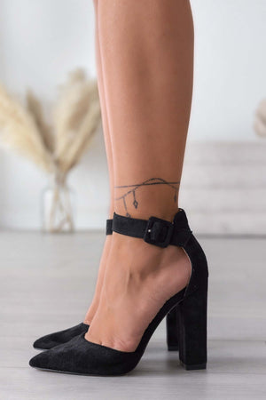 Black suede Alexoo pumps with strap and comfortable heel