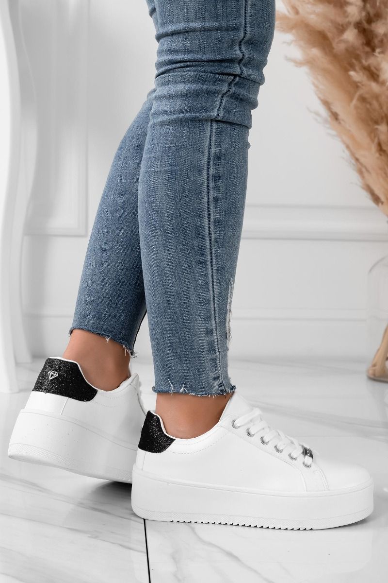 CARRY - White sneakers with silver details and black glitter heel