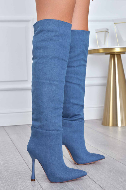 BICE - Stivali alti blu jeans con tacco a spillo