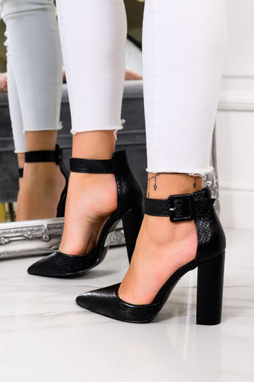 Black python-effect pumps with strap and comfortable heel