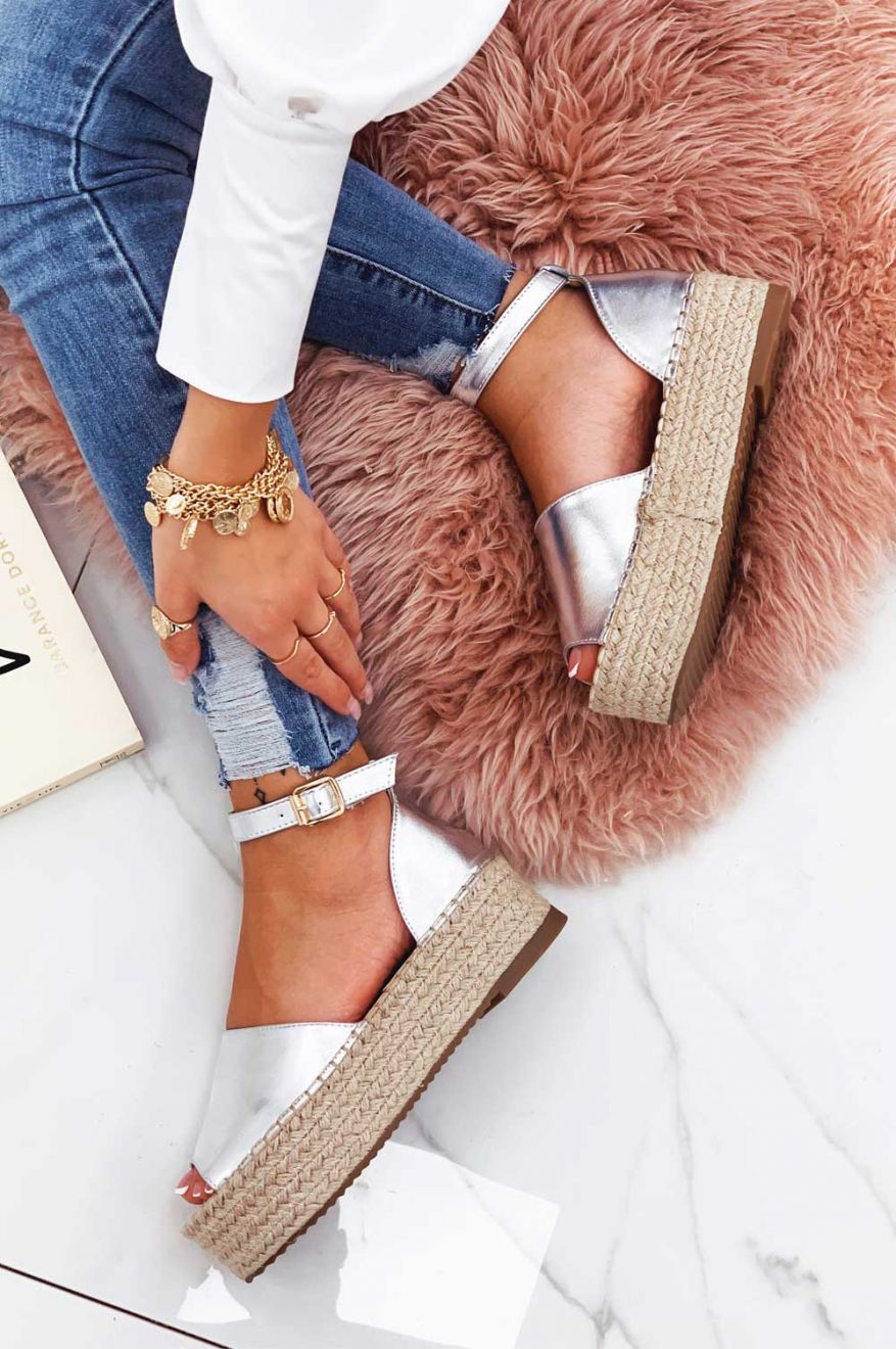 LICIA - Espadrillas argento metallizzate con zeppa e cinturino
