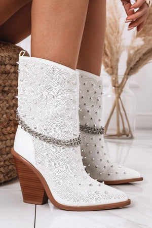 White camper ankle boots with rhinestones and chain