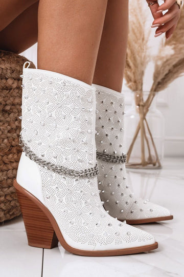 White camper ankle boots with rhinestones and chain