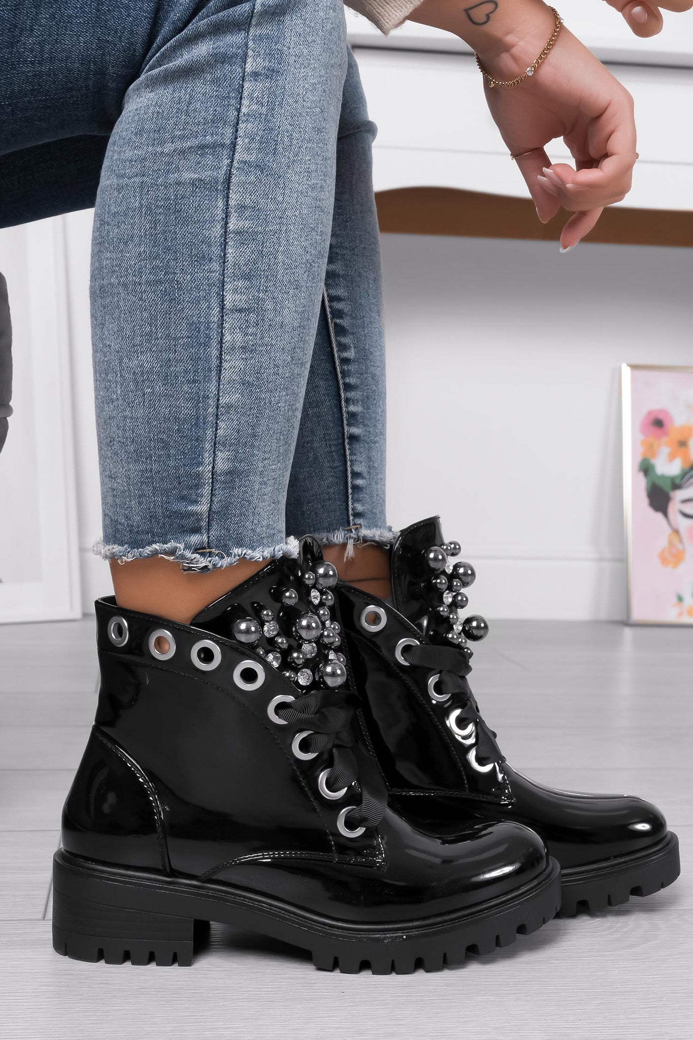 LEANNA - Low ankle boots with pearls and black patent stones