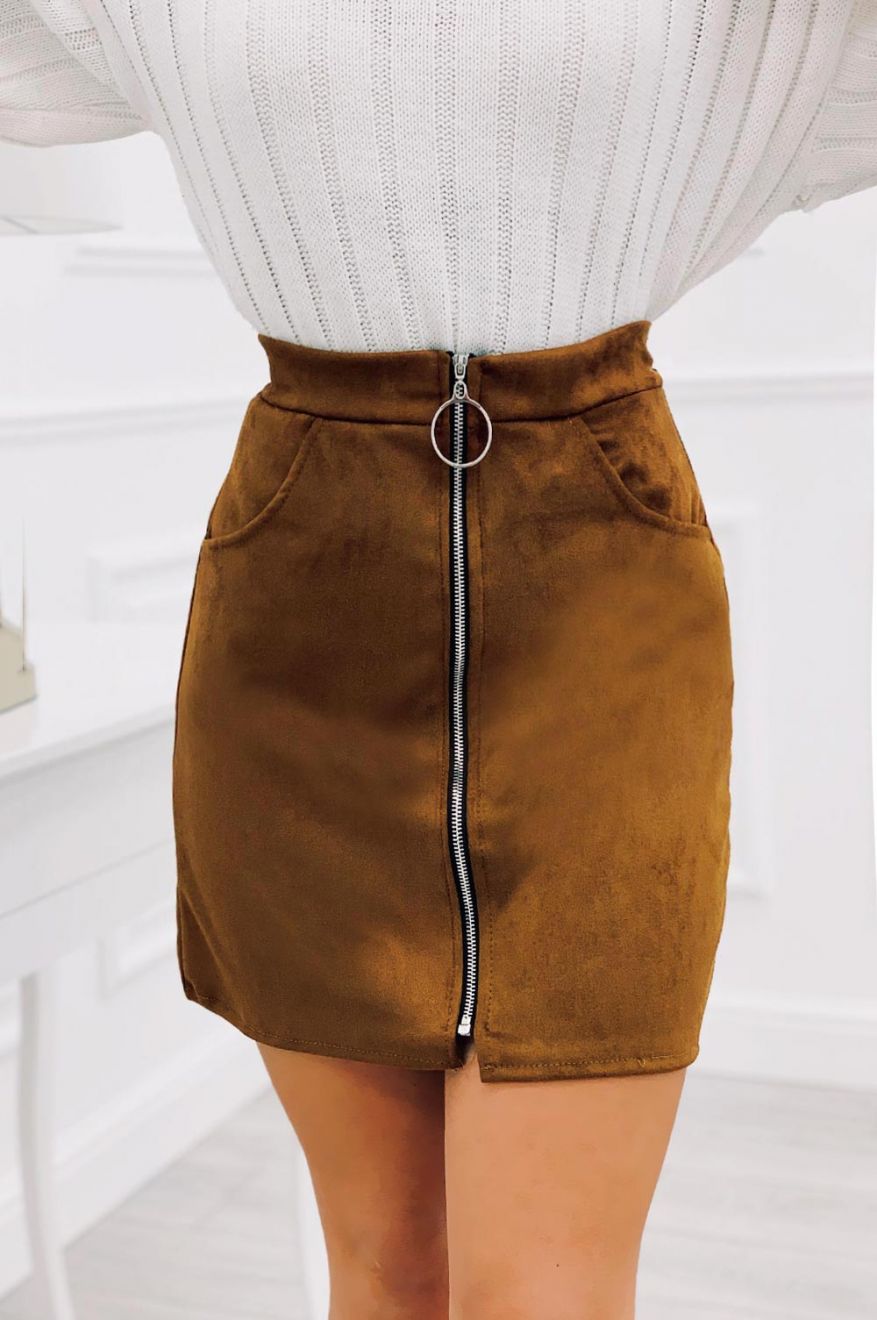 Gonna scamosciata con zip Camel