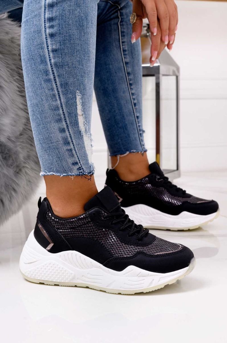 Black sneakers with python effect and thick sole