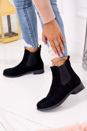 Black low suede ankle boots with side elastic