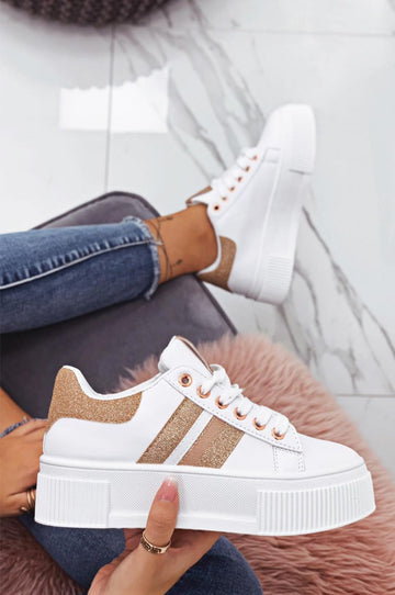 White sneakers with laces and rose gold glitter inserts