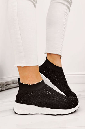 Black sneakers in stretch fabric with rhinestones
