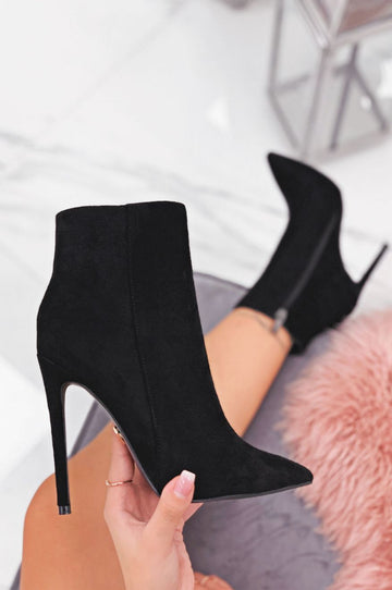 Black suede ankle boots with high heel
