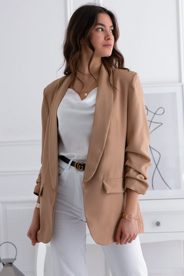 Open mud-colored blazer jacket with ruched sleeves