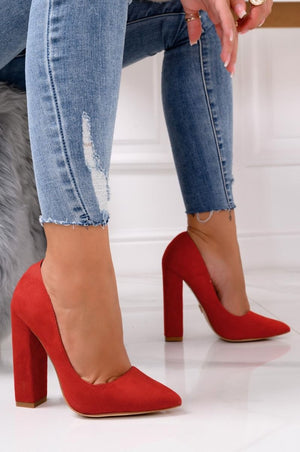 Red suede pumps with comfortable heel