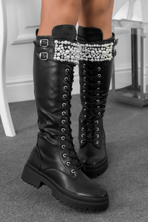 Black combat boots with pearls and rhinestones
