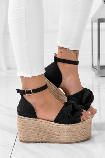 Black espadrille sandals with high wedge and bow