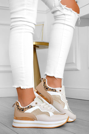 Beige sneakers with glitter and animal print inserts