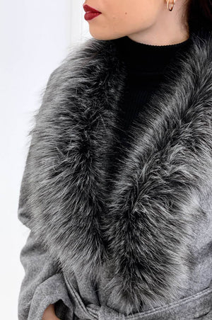 Coat with waist tie and faux fur collar Grey