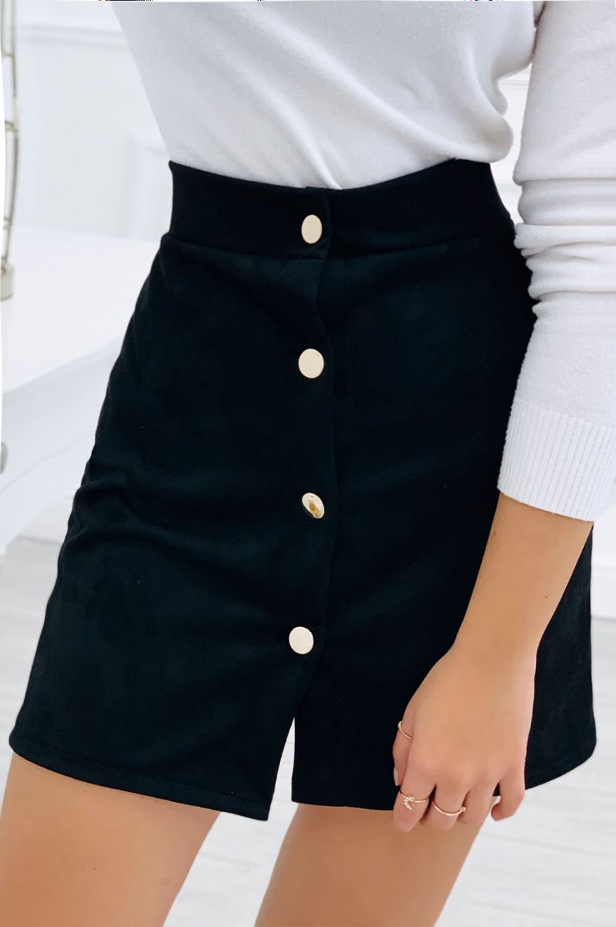 Skirt with gold buttons in black suede fabric
