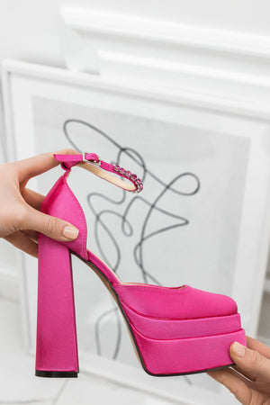 MANILA - Fuchsia satin pumps with high heel, platform, and jeweled strap