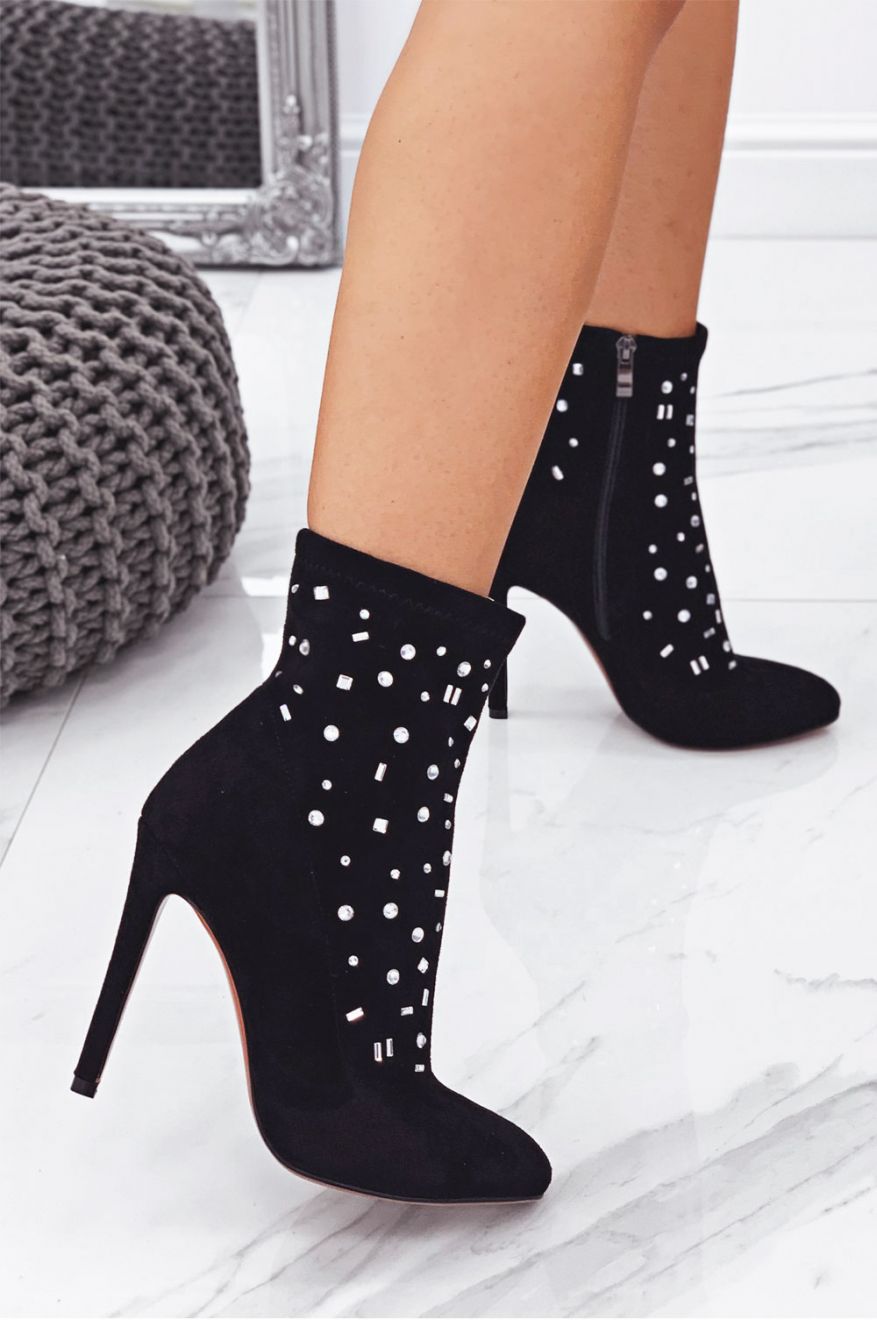 Black ankle boots with high heels and rhinestones