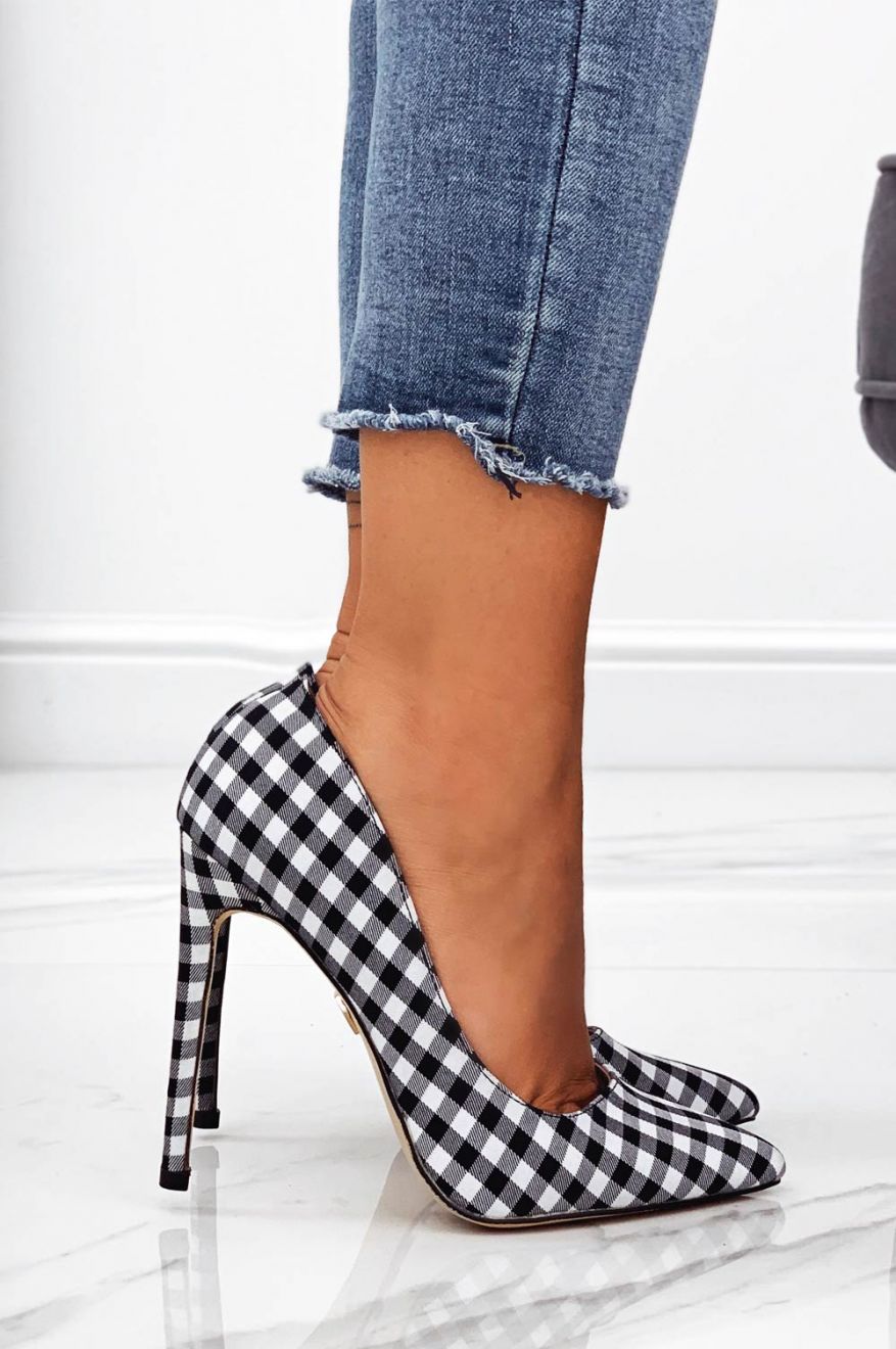 LEXIE - Black and white checked fabric pumps with high heel