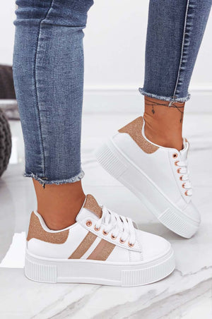 White sneakers with laces and rose gold glitter inserts