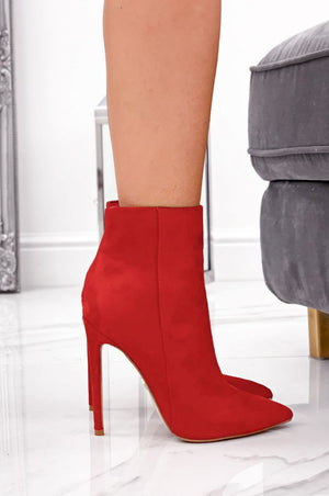Red suede ankle boots with high heel