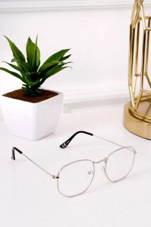 Glasses with clear lenses and silver frame