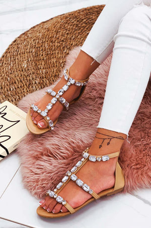 Beige jeweled flat sandals
