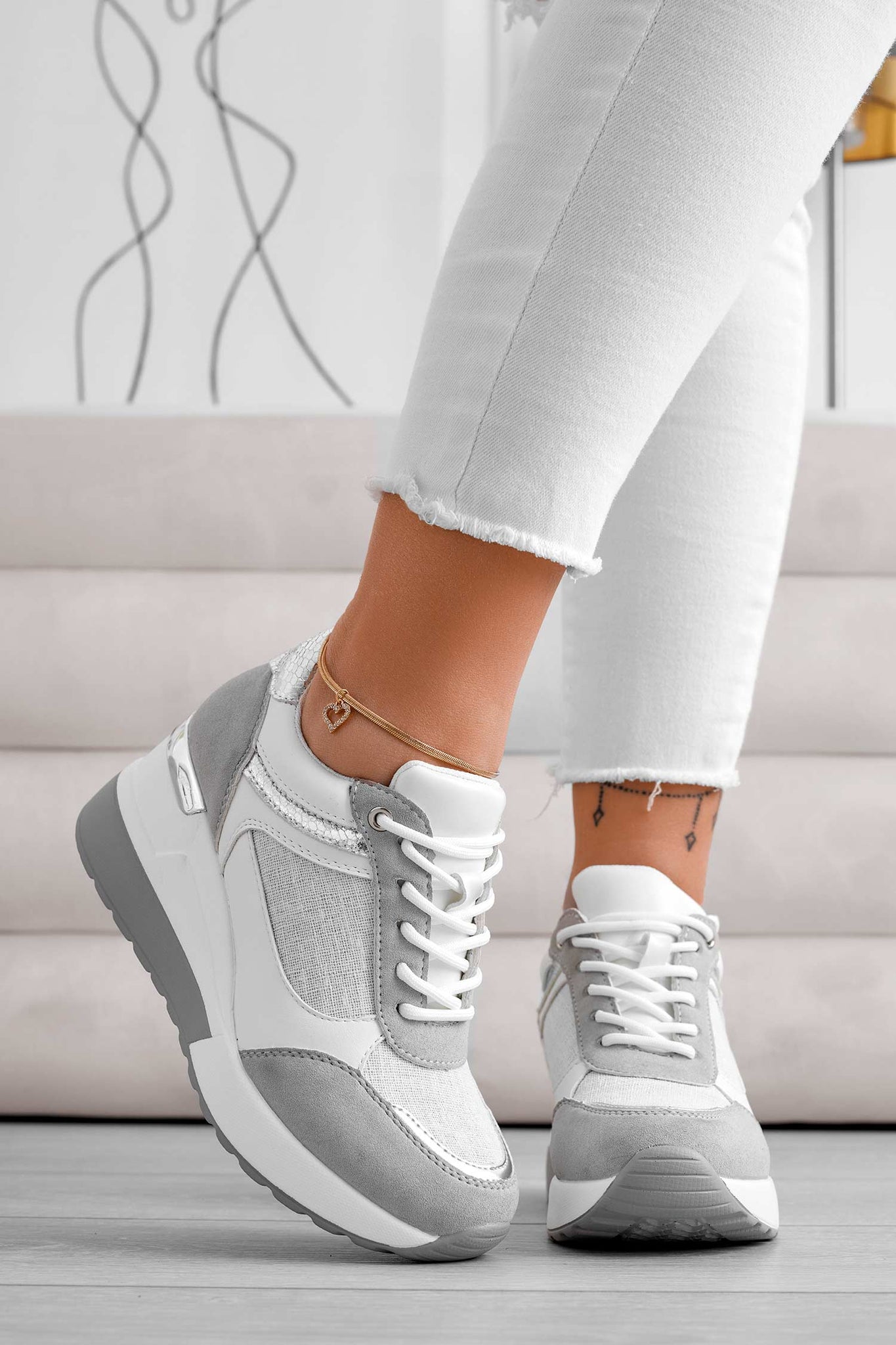 Gray sneakers with silver glitter fabric inserts