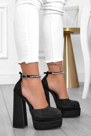 FLORENCE - Black satin pumps with high heel, platform, and jeweled strap