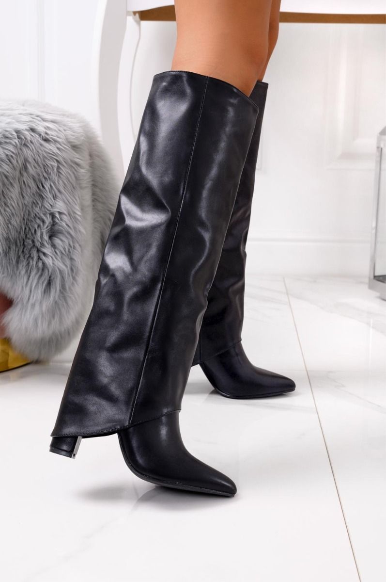 Black faux leather boots with cuff
