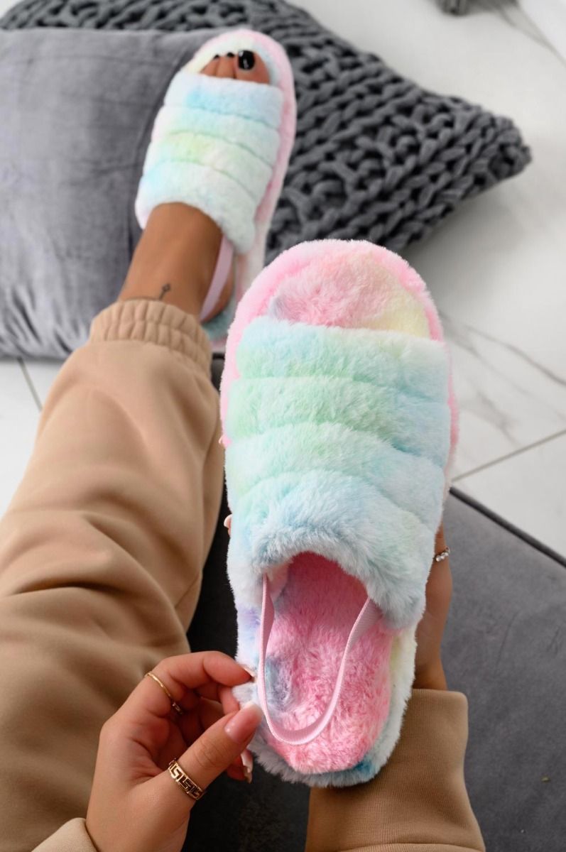 DAINA - Sandales mules arc-en-ciel en fausse fourrure avec élastique