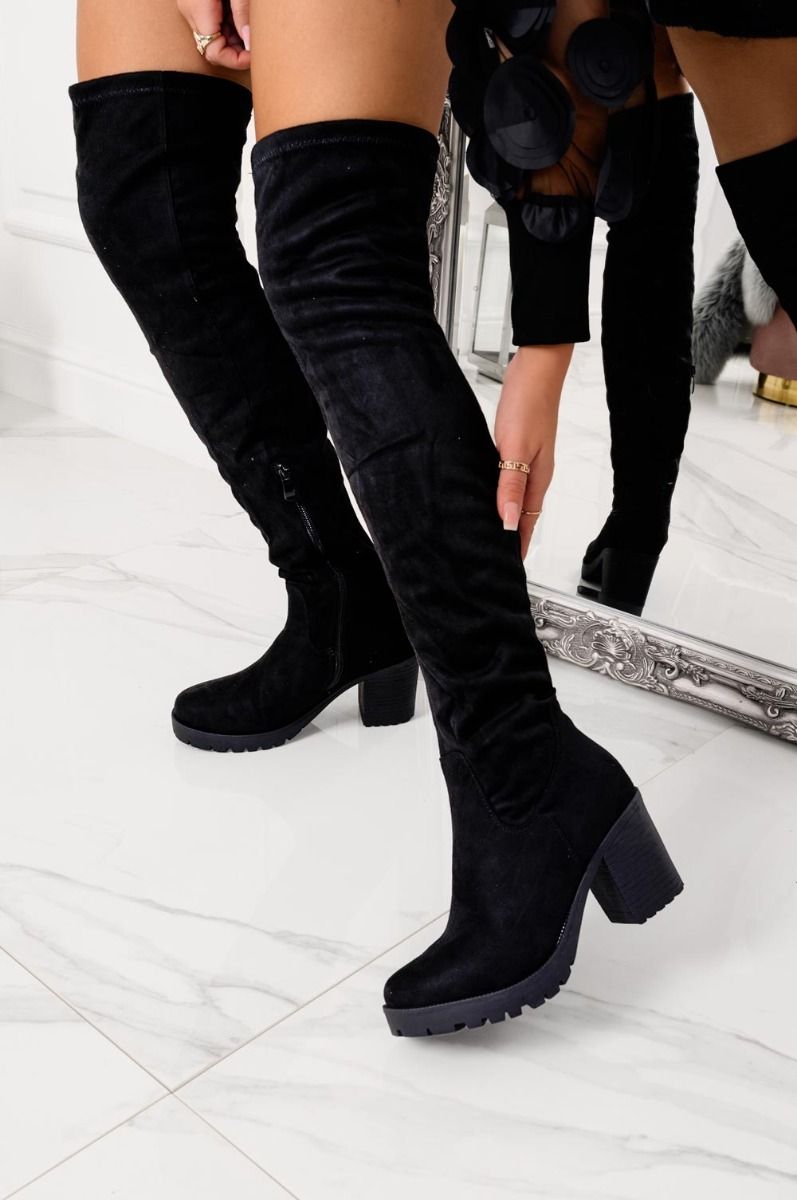 Black suede over-the-knee boots with comfortable heel