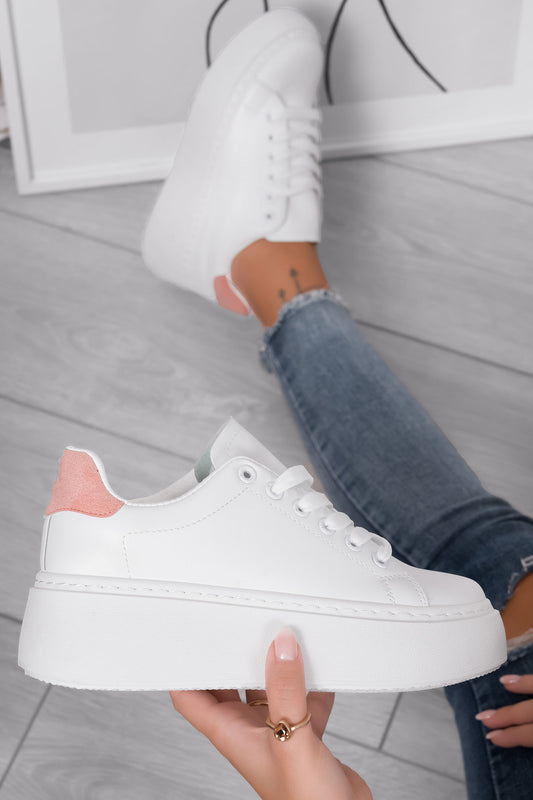 TERESANNA - Sneakers bianche con zeppa alta e retro rosa