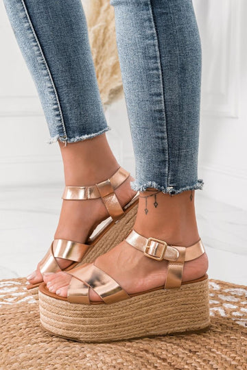 Rose gold espadrille sandals with rope wedge