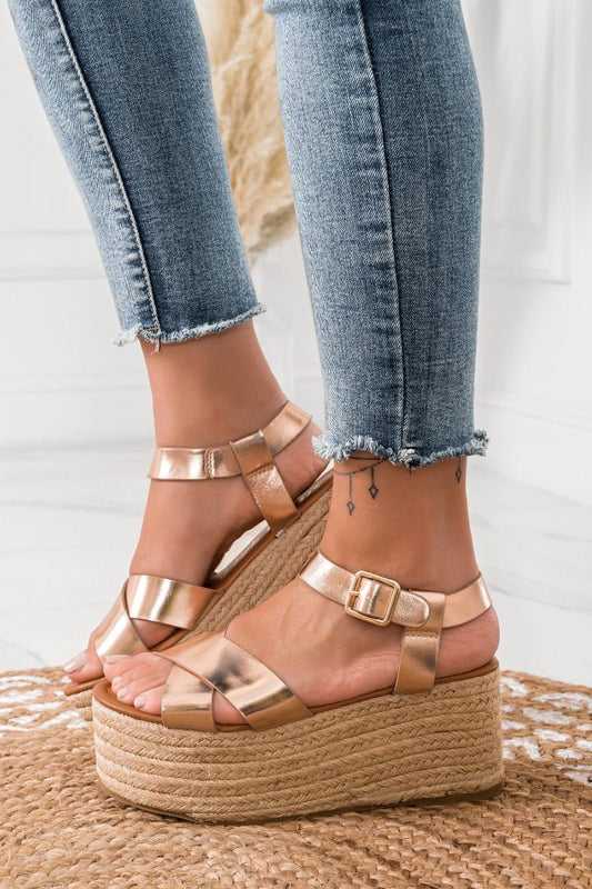 Sandalias alpargatas oro rosa con cuña de cuerda – Alexoo