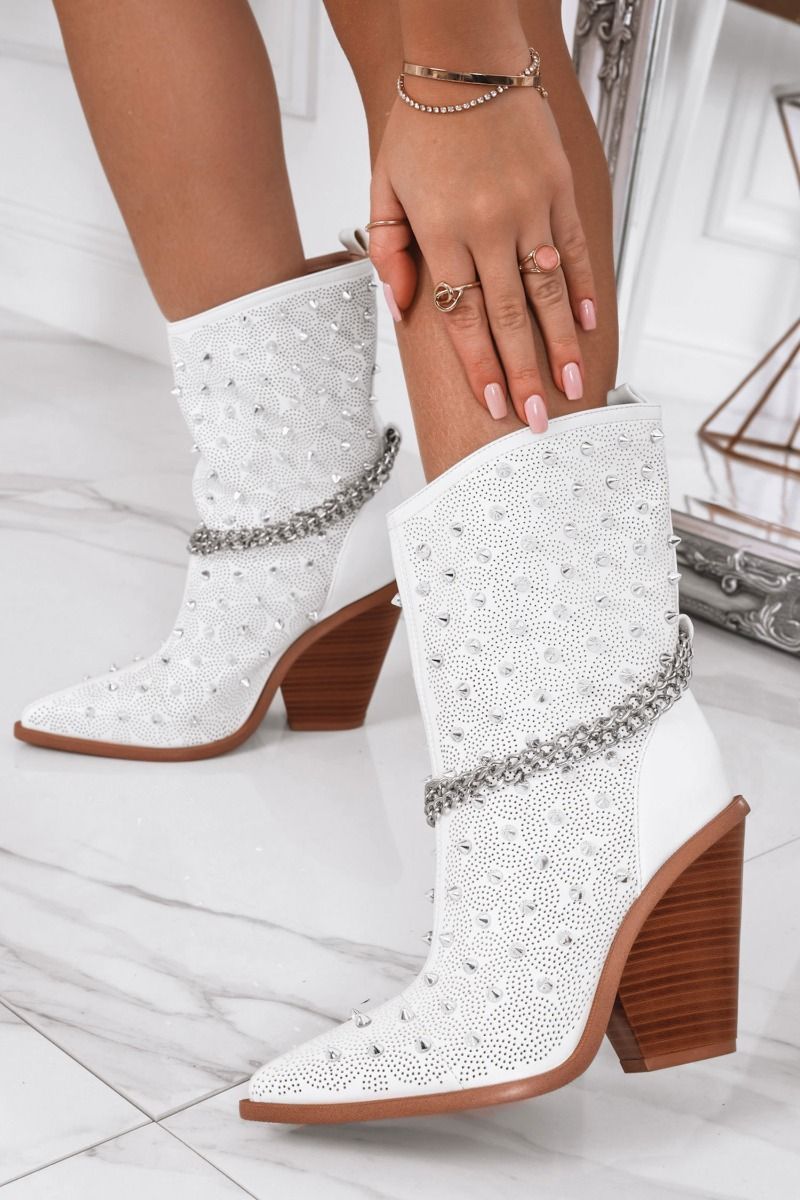 White camper ankle boots with rhinestones and chain