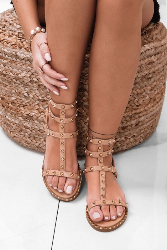 Sandalo Con Borchiette Sandali Bassi Beige Con Borchie A Sfera Oro