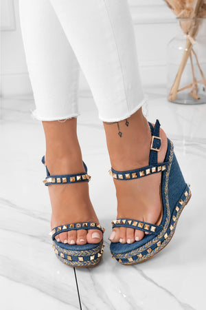 Blue denim sandals with wedge heel and gold studs