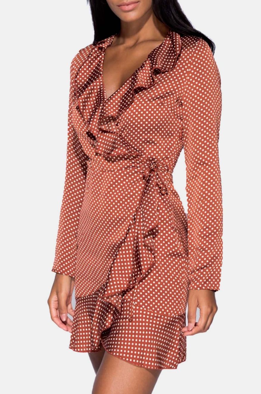 Polka dot dress with V-neck Brick