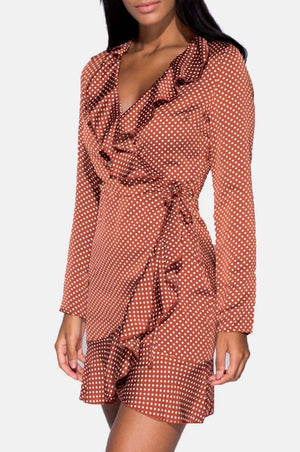 Polka dot dress with V-neck Brick