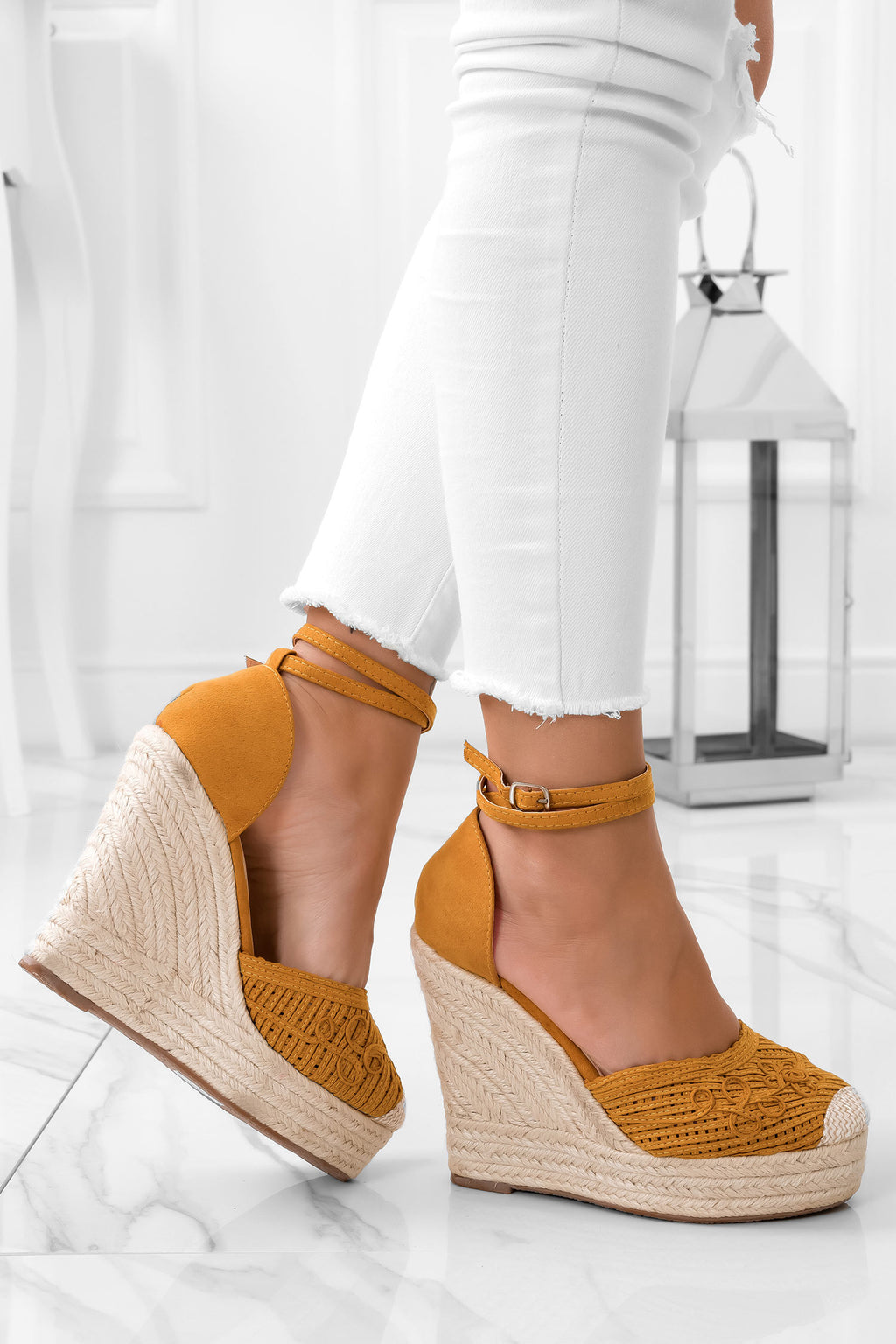 Yellow espadrilles with rope wedge and embroidery