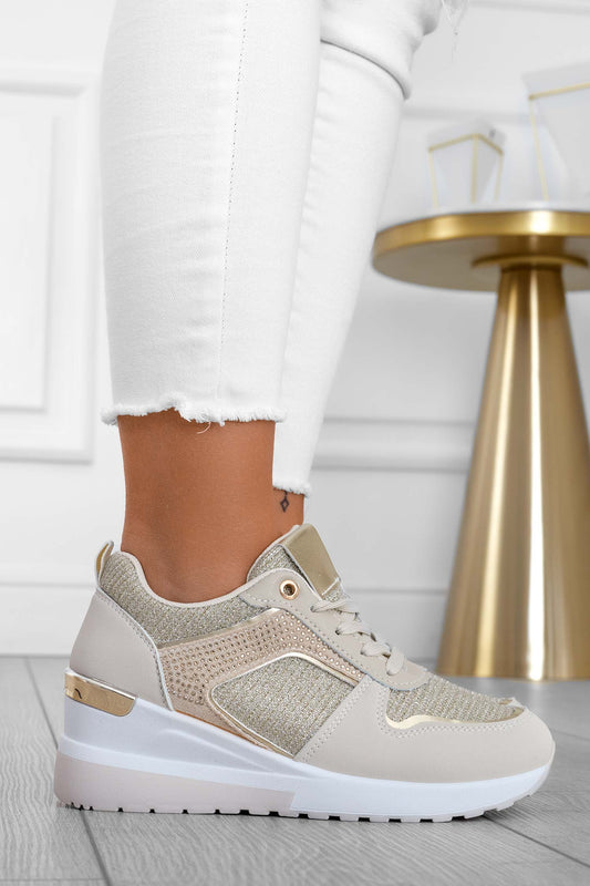 MICOL - Sneakers beige con inserti glitter e strass