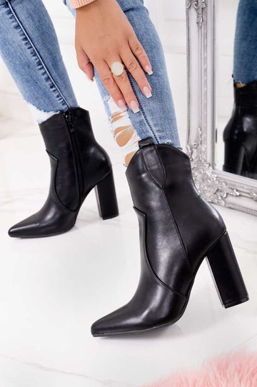 Black faux leather camperos ankle boots with heel
