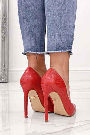 Red python-effect high heel pumps
