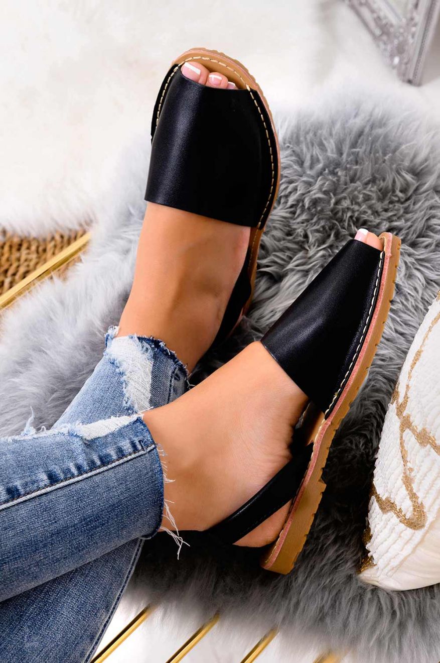 Black faux leather Minorcan sandals
