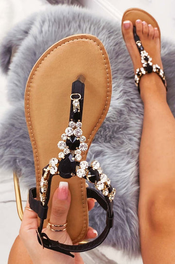 Black jeweled thong sandals with rhinestones